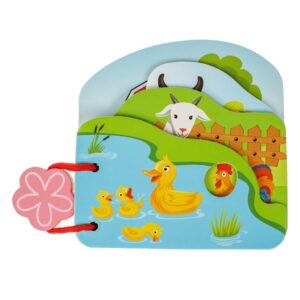 Carte educativa din lemn cu animale de ferma, legata cu un cordon si o floare decorativa din lemn.